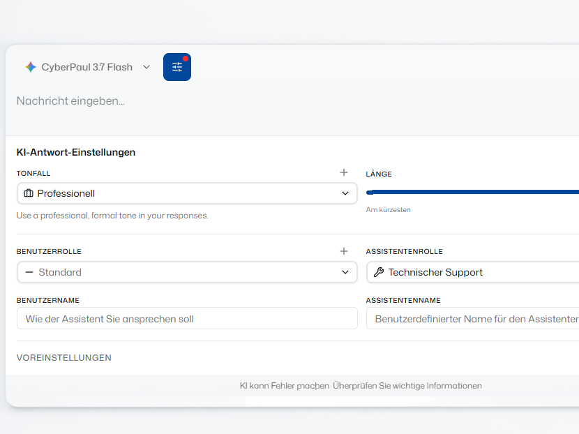 Rolle, Sprache und Antwort-Optionen in der CyberPaul Webapp